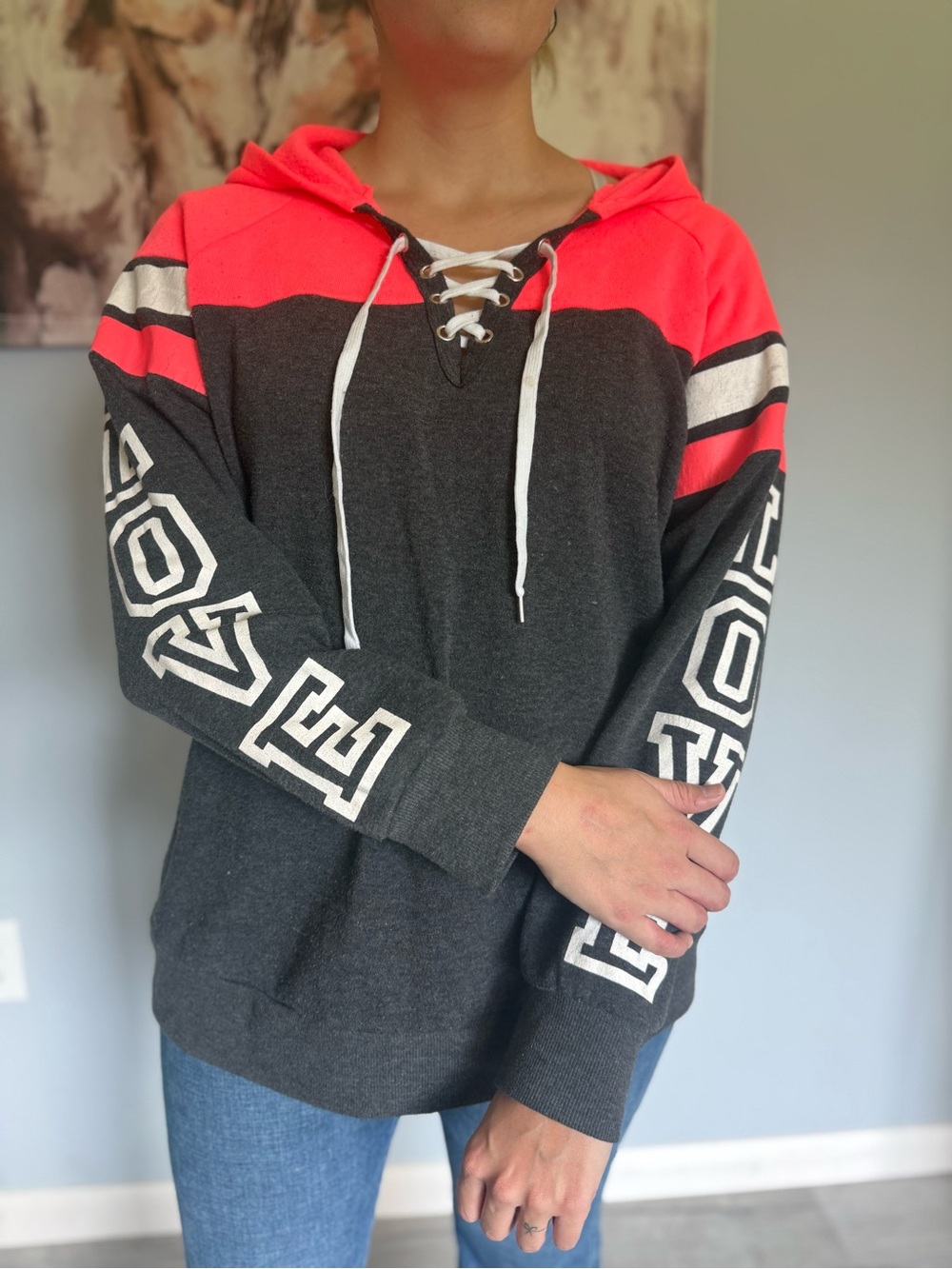 PINK Victoria's Secret Charcoal Hoodie with Neon Pink Accents